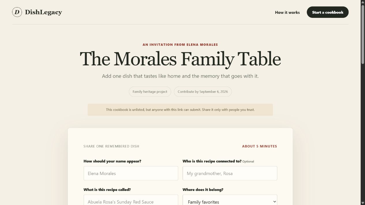 Family member recipe contribution page for The Morales Family Table