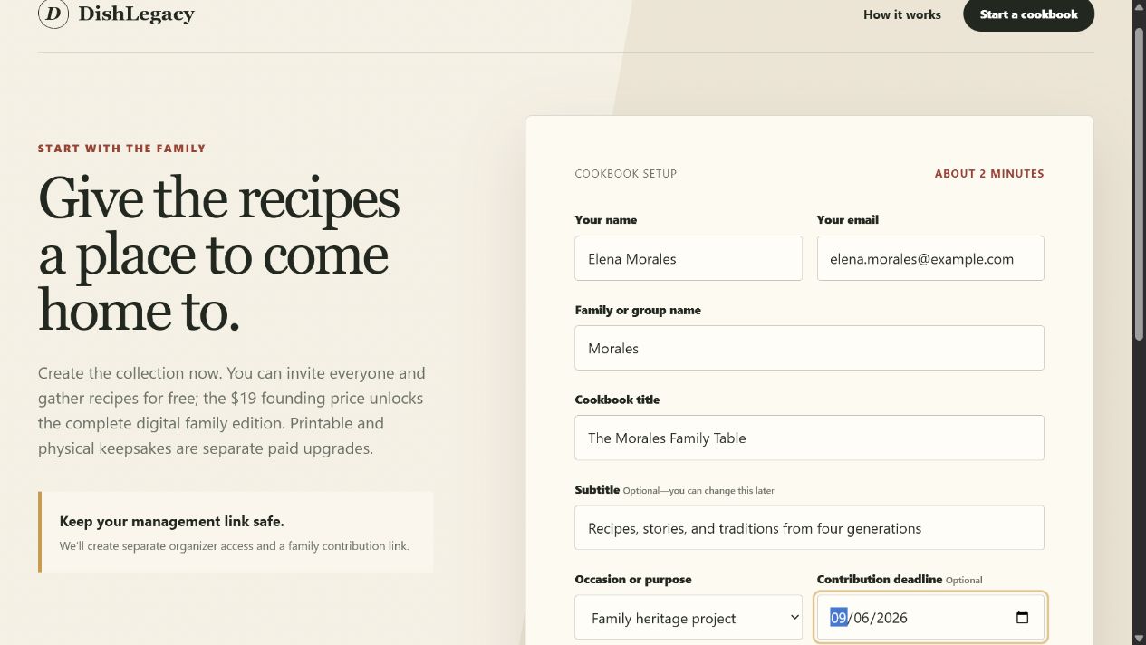 DishLegacy cookbook setup with family name, title, occasion, and deadline fields